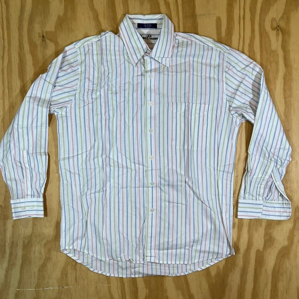 VTG Alan‎ Flusser Long Sleeve Button-Down Shirt White Pastel Stripes Mens Large